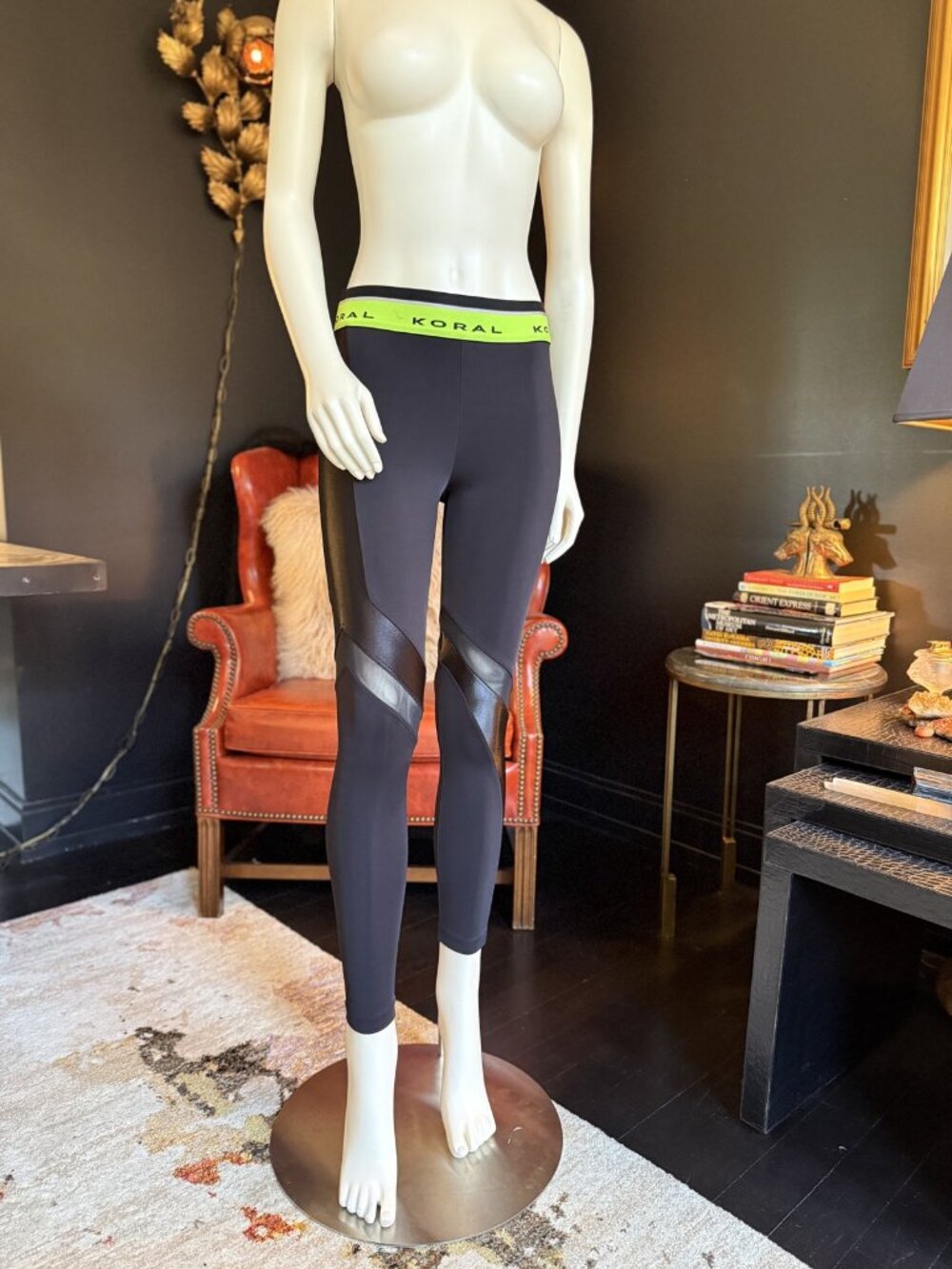 NWOT KORAL Black Liquid Leggings Green Waistband Calf Mesh Size S